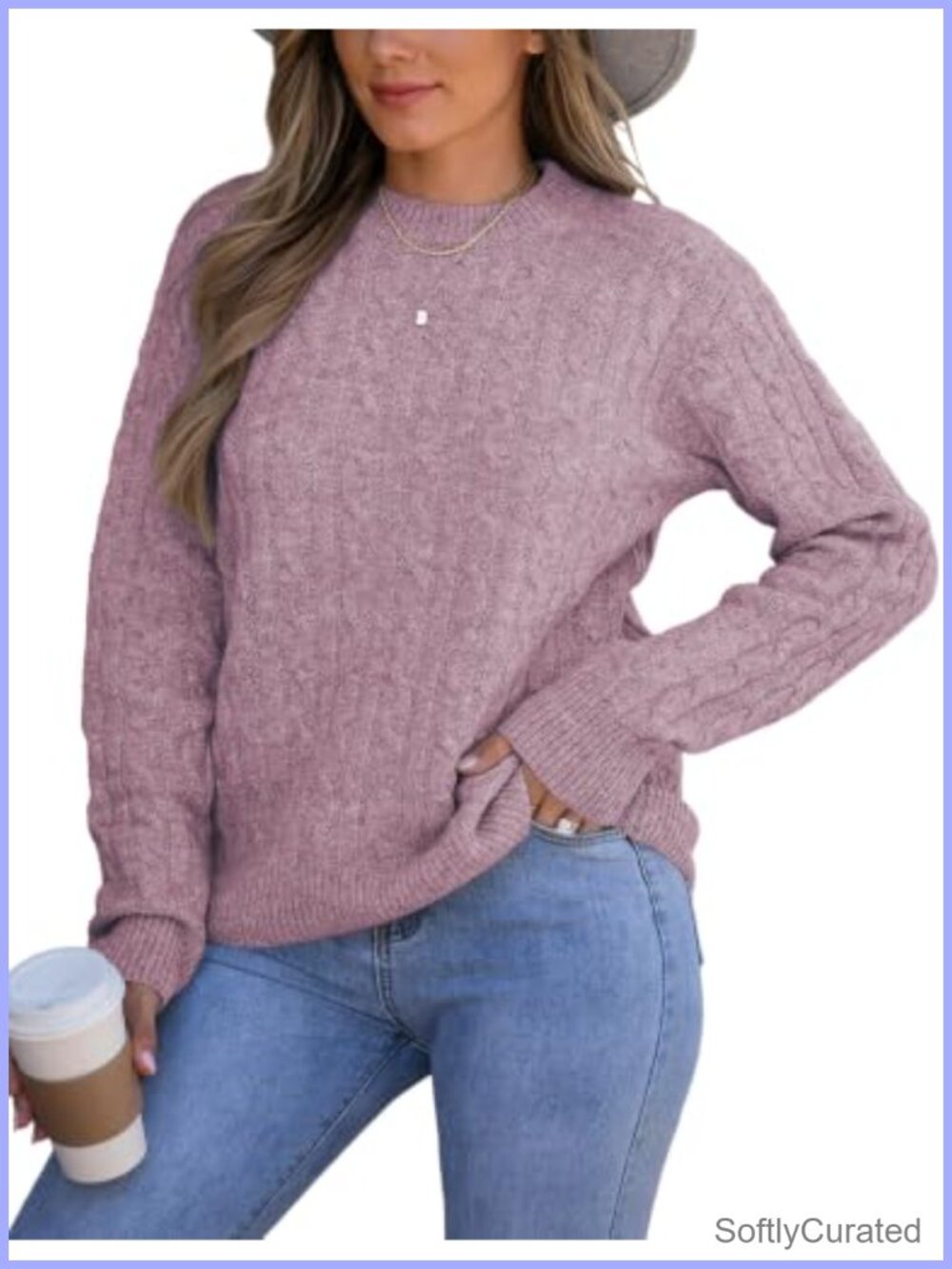 Womens Cable Knit Mockneck Sweater Long Sleeve Oversized Pullover